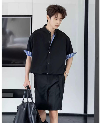 Chuan Reversible Striped Stand-Up Collar Shirt-korean-fashion-Shirt-Chuan's Closet-OH Garments