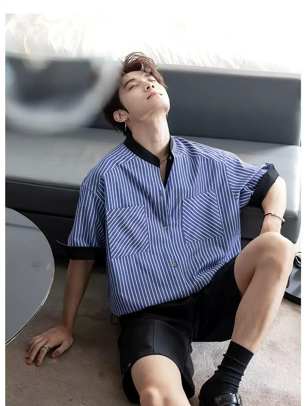 Chuan Reversible Striped Stand-Up Collar Shirt-korean-fashion-Shirt-Chuan's Closet-OH Garments