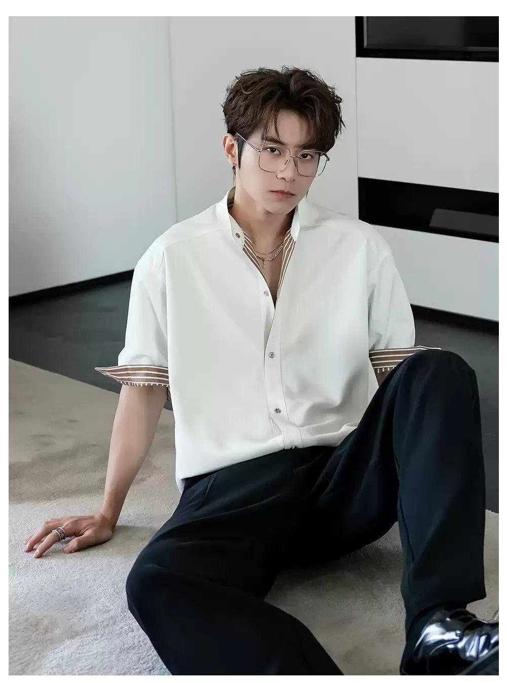 Chuan Reversible Striped Stand-Up Collar Shirt-korean-fashion-Shirt-Chuan's Closet-OH Garments