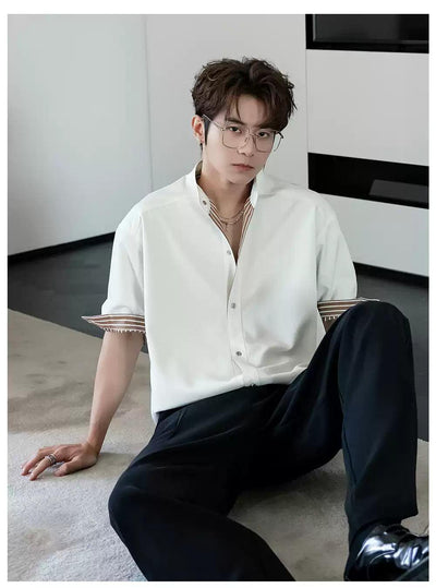 Chuan Reversible Striped Stand-Up Collar Shirt-korean-fashion-Shirt-Chuan's Closet-OH Garments
