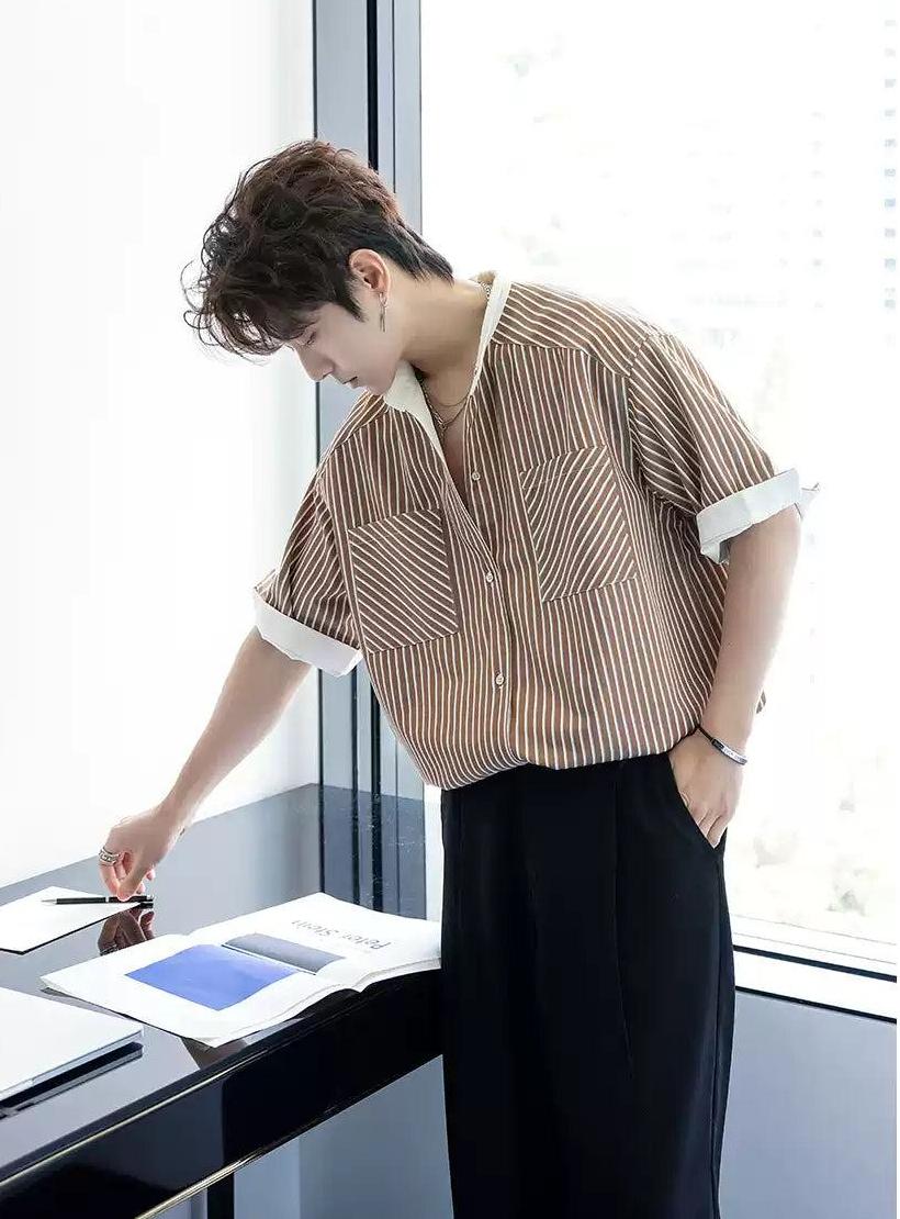 Chuan Reversible Striped Stand-Up Collar Shirt-korean-fashion-Shirt-Chuan's Closet-OH Garments