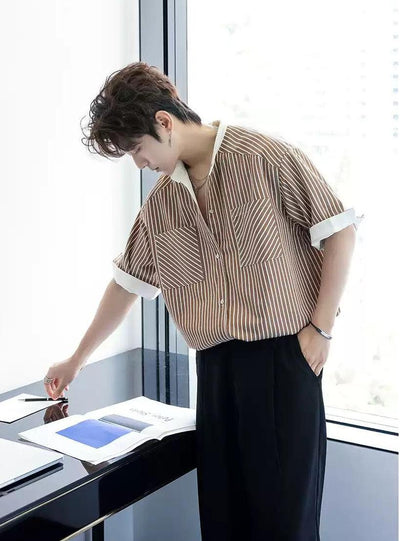 Chuan Reversible Striped Stand-Up Collar Shirt-korean-fashion-Shirt-Chuan's Closet-OH Garments