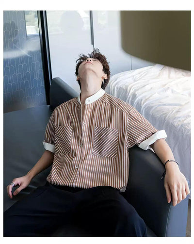 Chuan Reversible Striped Stand-Up Collar Shirt-korean-fashion-Shirt-Chuan's Closet-OH Garments