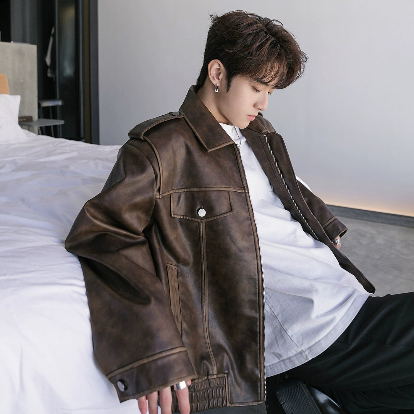 Chuan Ruched Hem PU Leather Jacket-korean-fashion-Jacket-Chuan's Closet-OH Garments