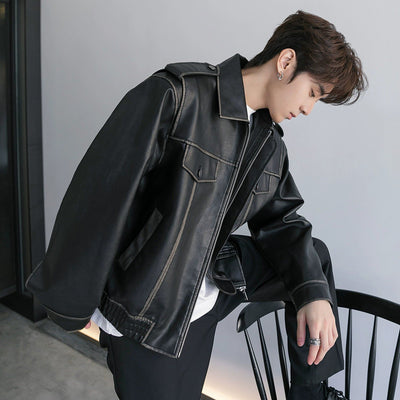 Chuan Ruched Hem PU Leather Jacket-korean-fashion-Jacket-Chuan's Closet-OH Garments
