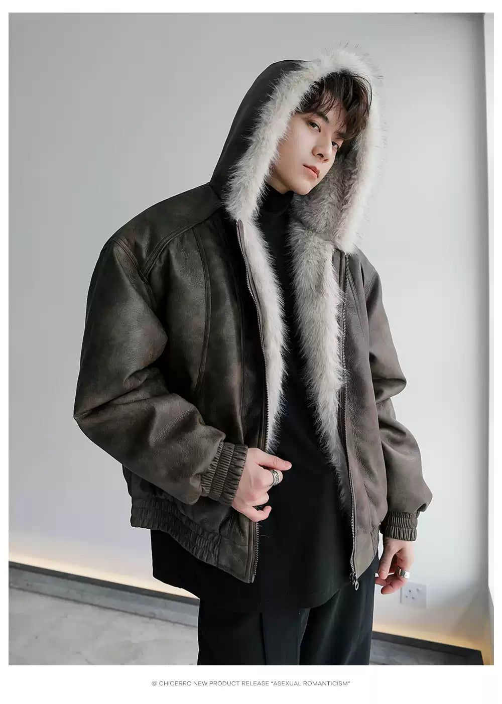 Chuan Side Pockets Fur-Trim Hooded PU Leather Jacket-korean-fashion-Jacket-Chuan's Closet-OH Garments