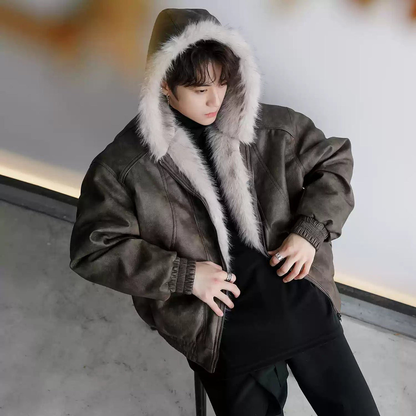 Chuan Side Pockets Fur-Trim Hooded PU Leather Jacket-korean-fashion-Jacket-Chuan's Closet-OH Garments