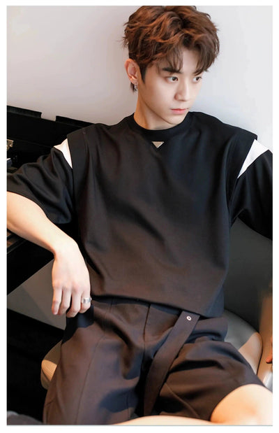 Chuan Side Stitched Contrast T-Shirt-korean-fashion-T-Shirt-Chuan's Closet-OH Garments