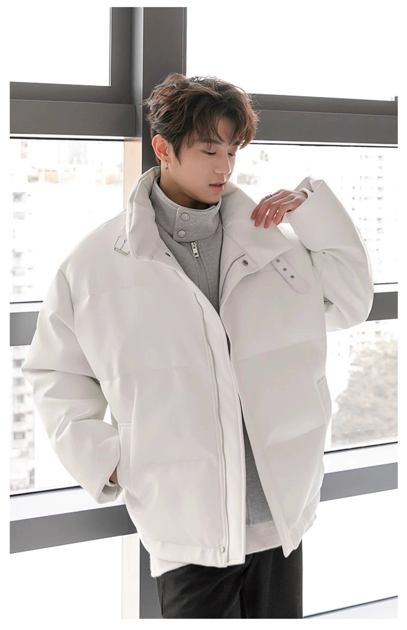 Chuan Sleek Buckle Strap Leather Puffer Jacket-korean-fashion-Jacket-Chuan's Closet-OH Garments