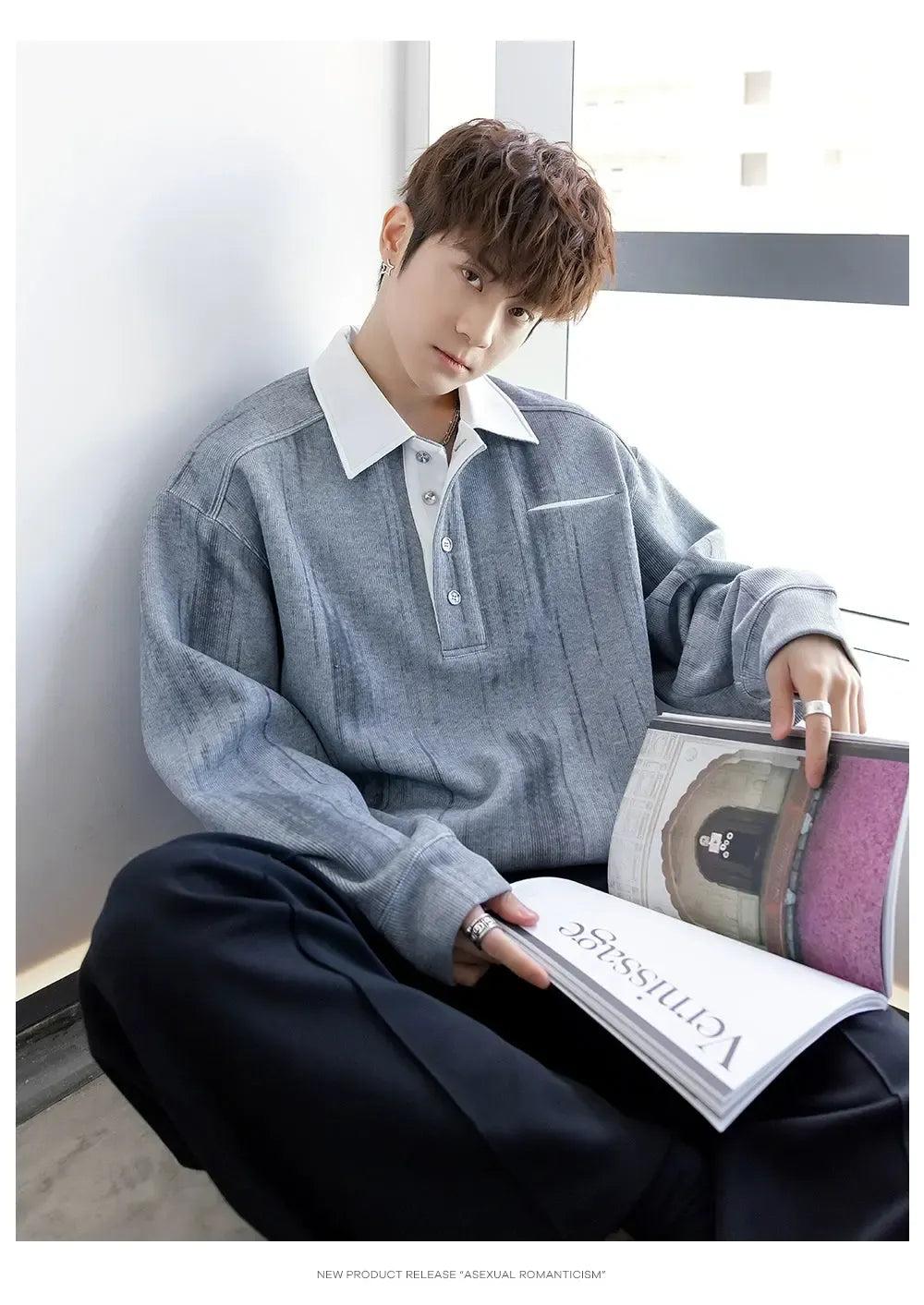 Chuan Smudge Print Long Sleeve Polo-korean-fashion-Polo-Chuan's Closet-OH Garments