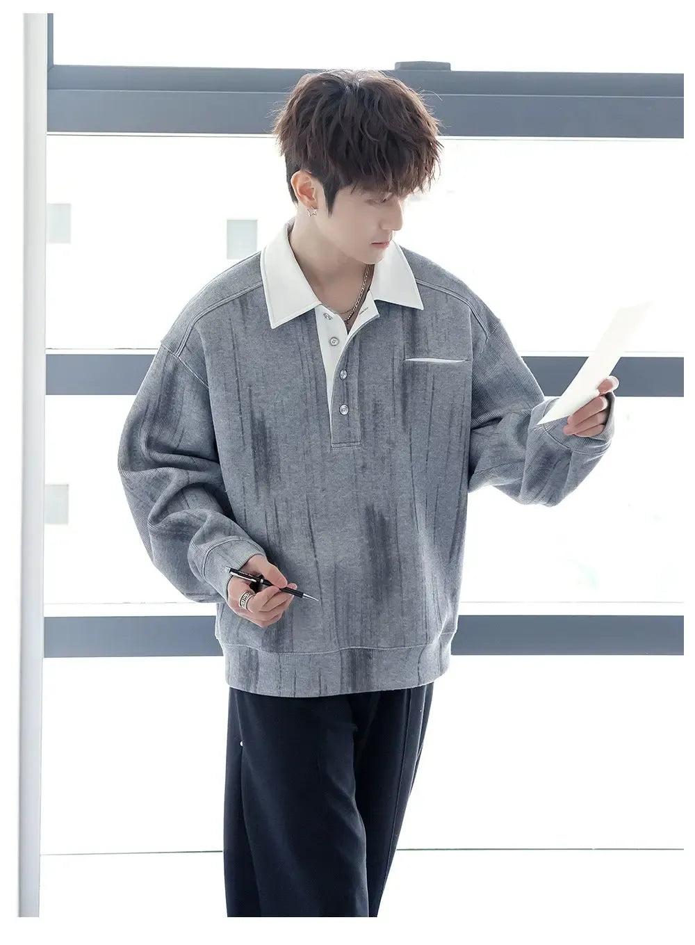 Chuan Smudge Print Long Sleeve Polo-korean-fashion-Polo-Chuan's Closet-OH Garments