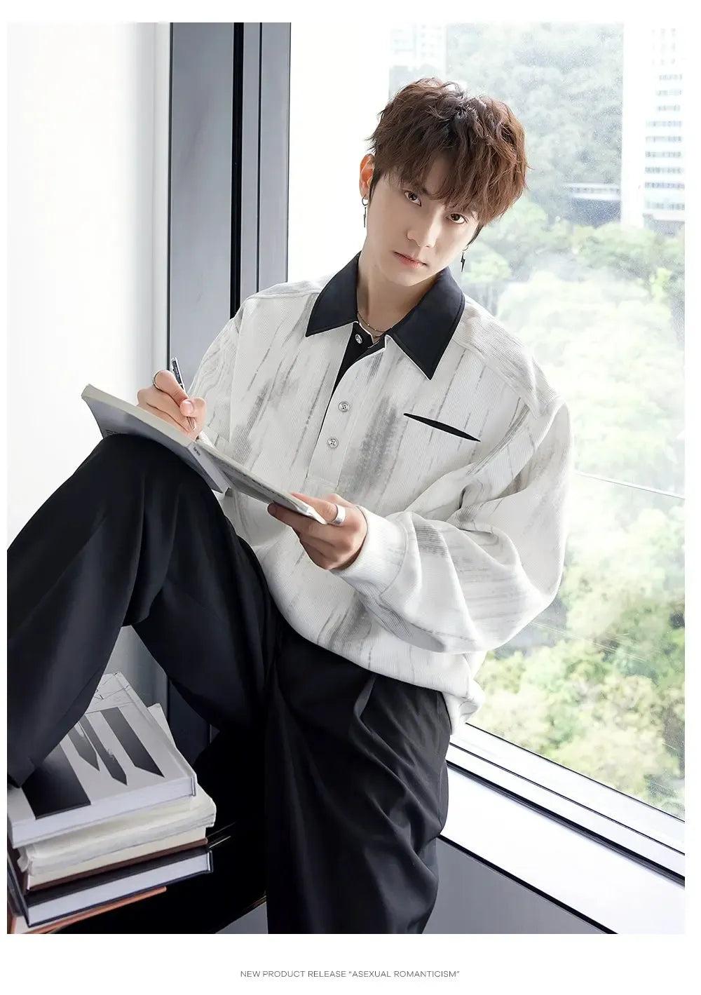 Chuan Smudge Print Long Sleeve Polo-korean-fashion-Polo-Chuan's Closet-OH Garments