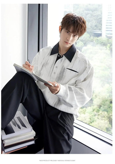 Chuan Smudge Print Long Sleeve Polo-korean-fashion-Polo-Chuan's Closet-OH Garments