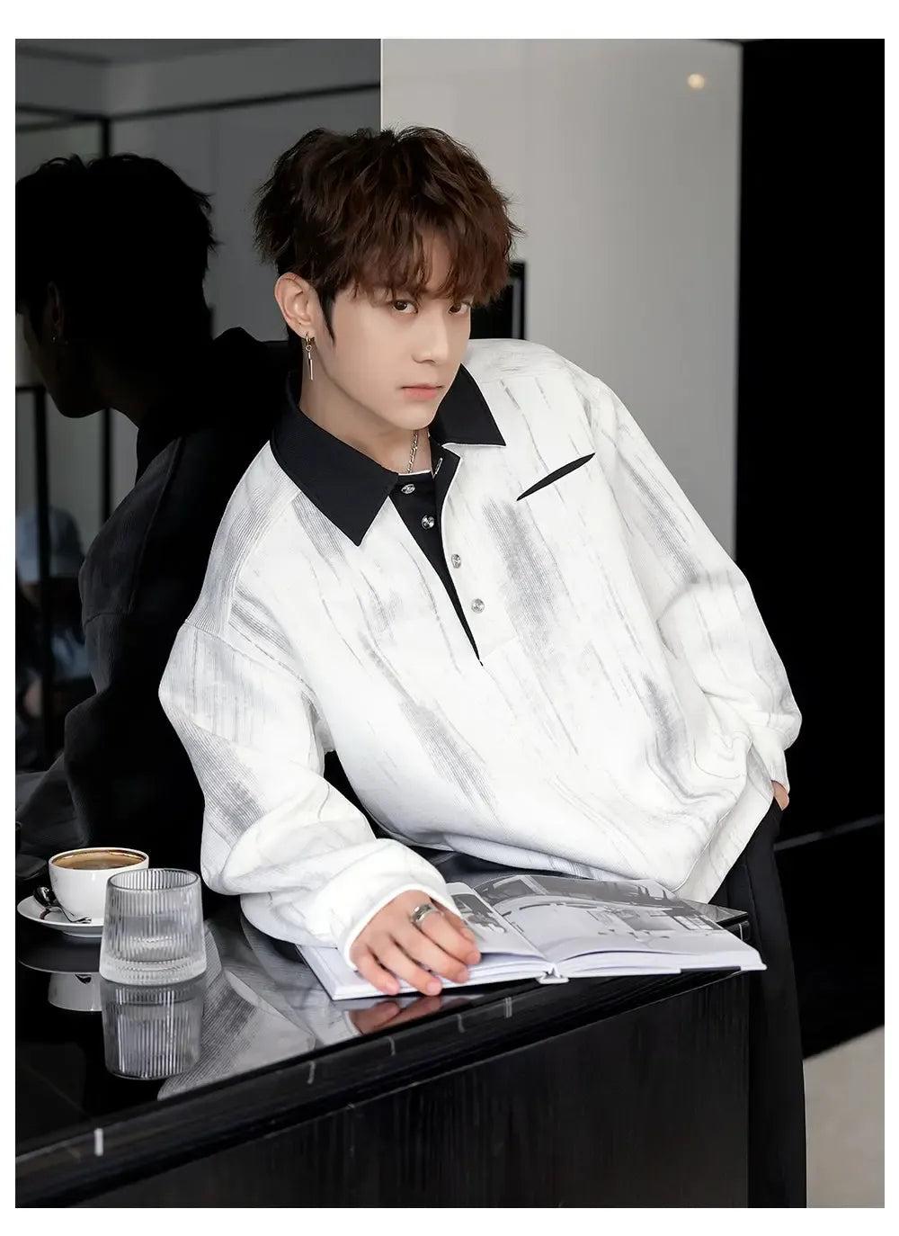 Chuan Smudge Print Long Sleeve Polo-korean-fashion-Polo-Chuan's Closet-OH Garments