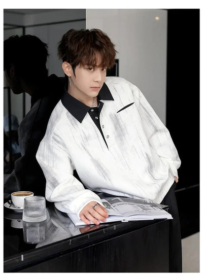 Chuan Smudge Print Long Sleeve Polo-korean-fashion-Polo-Chuan's Closet-OH Garments