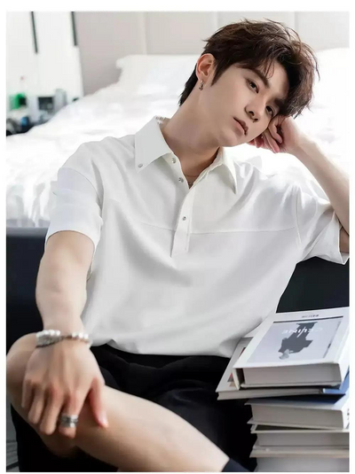 Chuan Solid Half-Buttons Polo-korean-fashion-Polo-Chuan's Closet-OH Garments