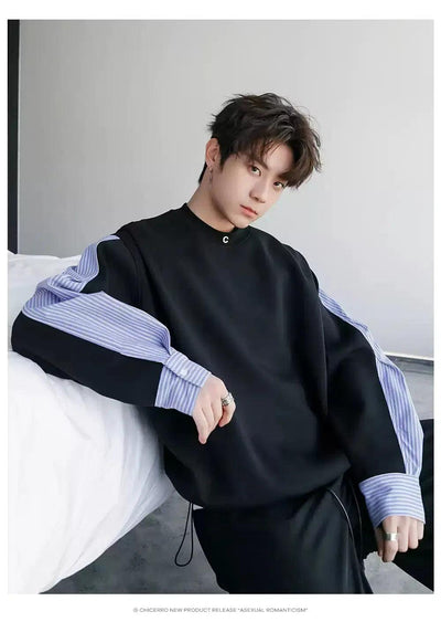 Chuan Spliced and Striped Crewneck-korean-fashion-Crewneck-Chuan's Closet-OH Garments