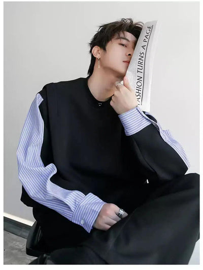 Chuan Spliced and Striped Crewneck-korean-fashion-Crewneck-Chuan's Closet-OH Garments