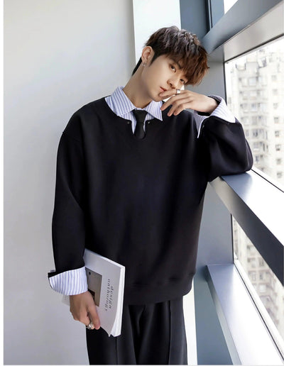 Chuan Stripe Spliced Crewneck-korean-fashion-Crewneck-Chuan's Closet-OH Garments