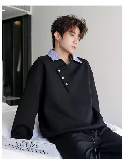 Chuan Striped Collar Buttoned Longsleeve Polo-korean-fashion-Polo-Chuan's Closet-OH Garments