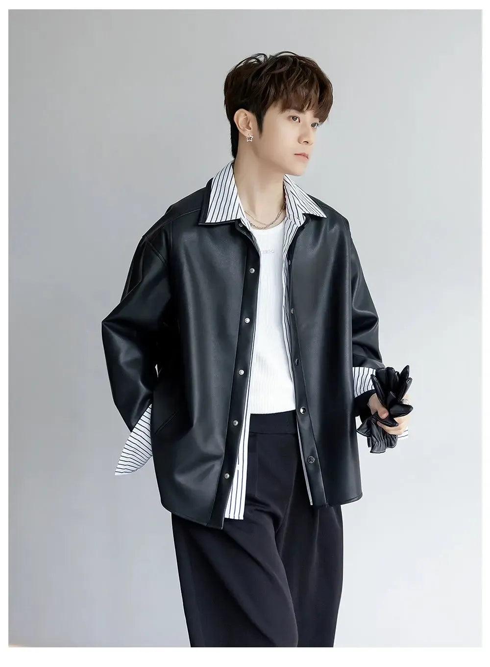 Chuan Striped Layered PU Leather Jacket-korean-fashion-Jacket-Chuan's Closet-OH Garments