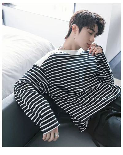 Chuan Striped Long Sleeve T-Shirt-korean-fashion-T-Shirt-Chuan's Closet-OH Garments