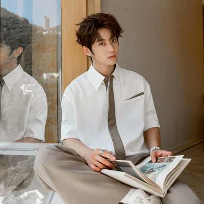 Chuan Striped Neck Tie Classic Shirt-korean-fashion-Shirt-Chuan's Closet-OH Garments