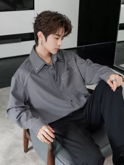 Chuan Topstitch Pocket Detail Shirt-korean-fashion-Shirt-Chuan's Closet-OH Garments