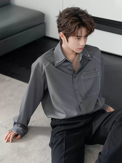 Chuan Topstitch Pocket Detail Shirt-korean-fashion-Shirt-Chuan's Closet-OH Garments