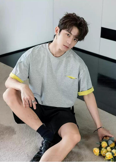 Chuan Two-Color Pocket Rivet T-Shirt-korean-fashion-T-Shirt-Chuan's Closet-OH Garments