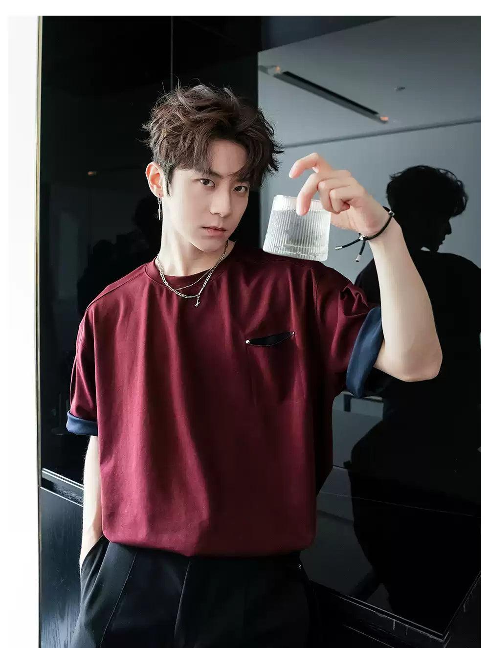 Chuan Two-Color Pocket Rivet T-Shirt-korean-fashion-T-Shirt-Chuan's Closet-OH Garments
