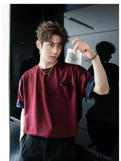Chuan Two-Color Pocket Rivet T-Shirt-korean-fashion-T-Shirt-Chuan's Closet-OH Garments