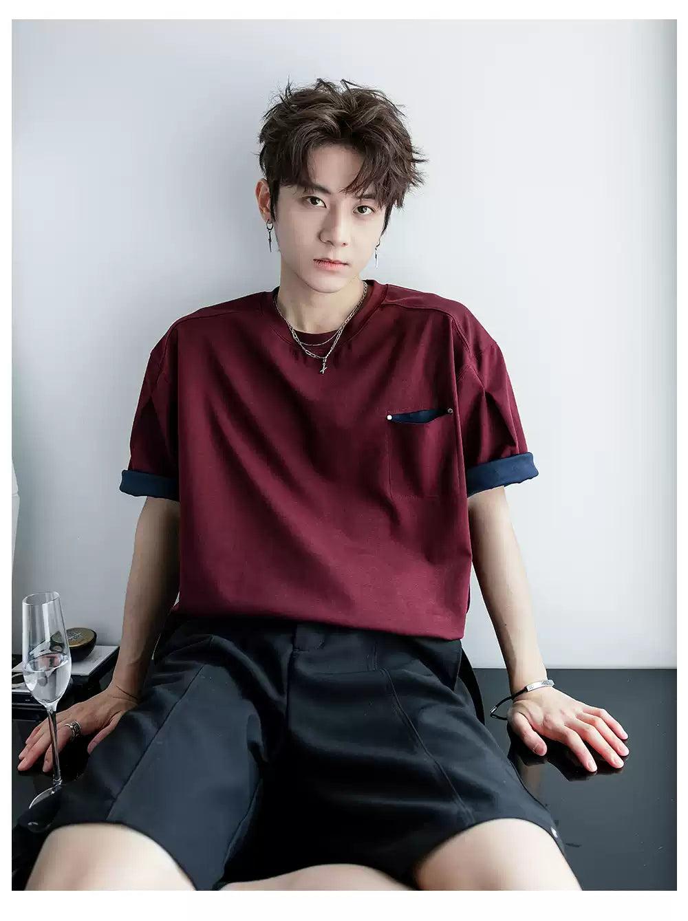 Chuan Two-Color Pocket Rivet T-Shirt-korean-fashion-T-Shirt-Chuan's Closet-OH Garments