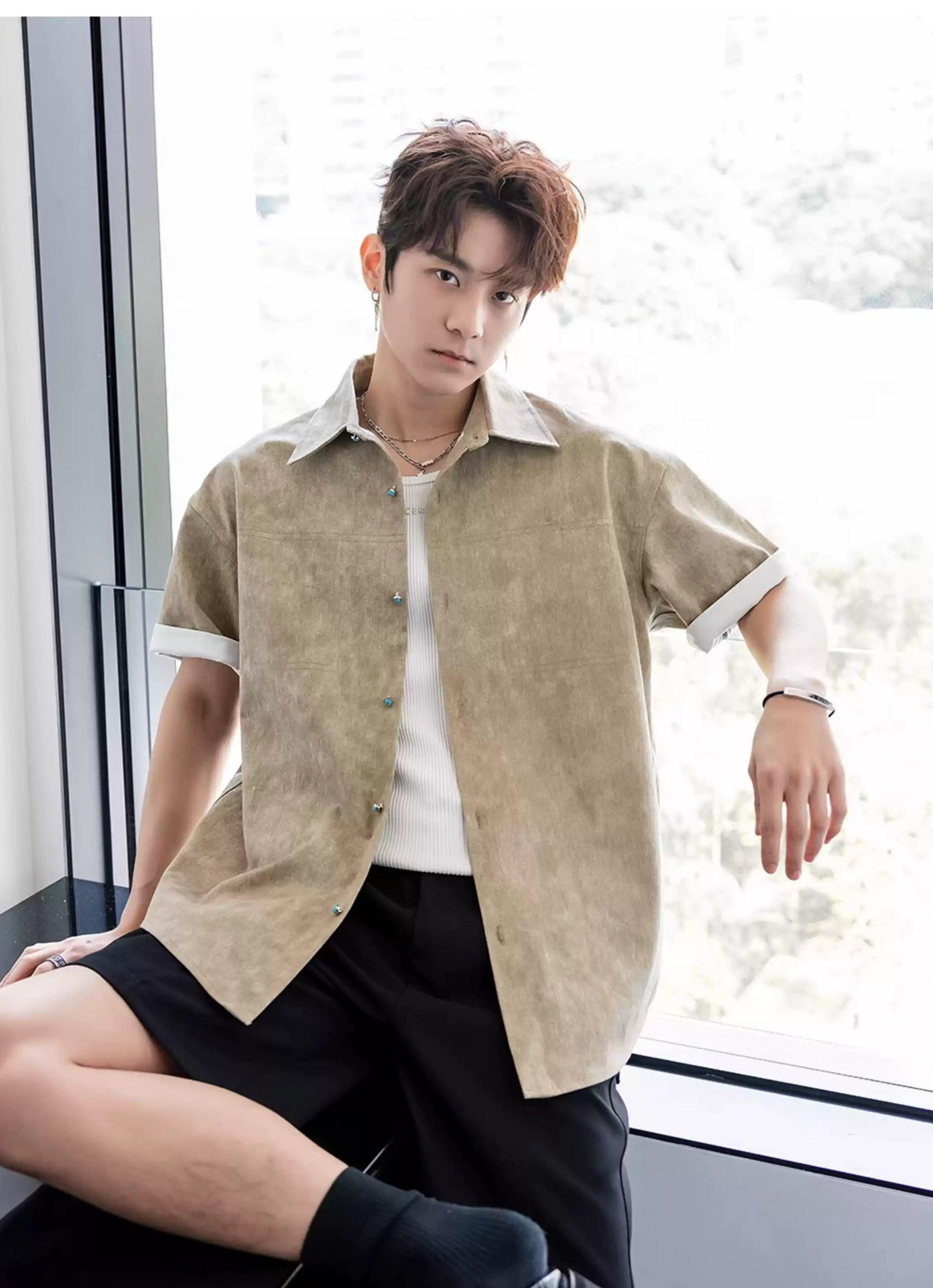 Chuan Washed Gem Buttoned Shirt-korean-fashion-Shirt-Chuan's Closet-OH Garments