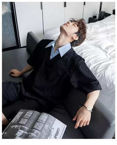 Chuan Wide Shoulder Striped Collar Shirt-korean-fashion-Shirt-Chuan's Closet-OH Garments