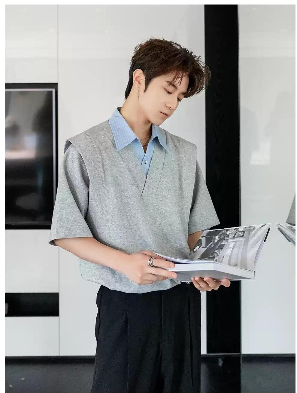 Chuan Wide Shoulder Striped Collar Shirt-korean-fashion-Shirt-Chuan's Closet-OH Garments