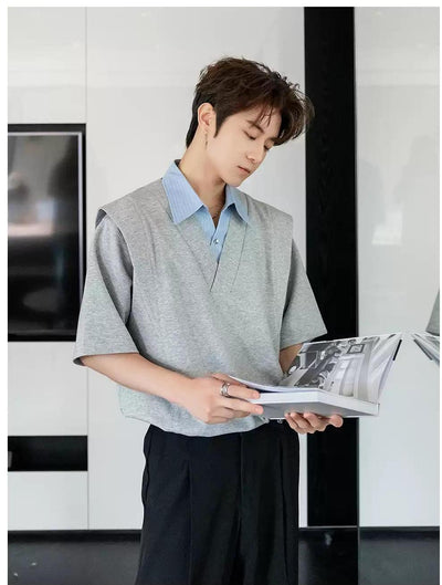 Chuan Wide Shoulder Striped Collar Shirt-korean-fashion-Shirt-Chuan's Closet-OH Garments