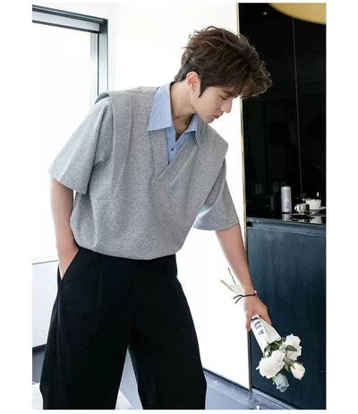 Chuan Wide Shoulder Striped Collar Shirt-korean-fashion-Shirt-Chuan's Closet-OH Garments