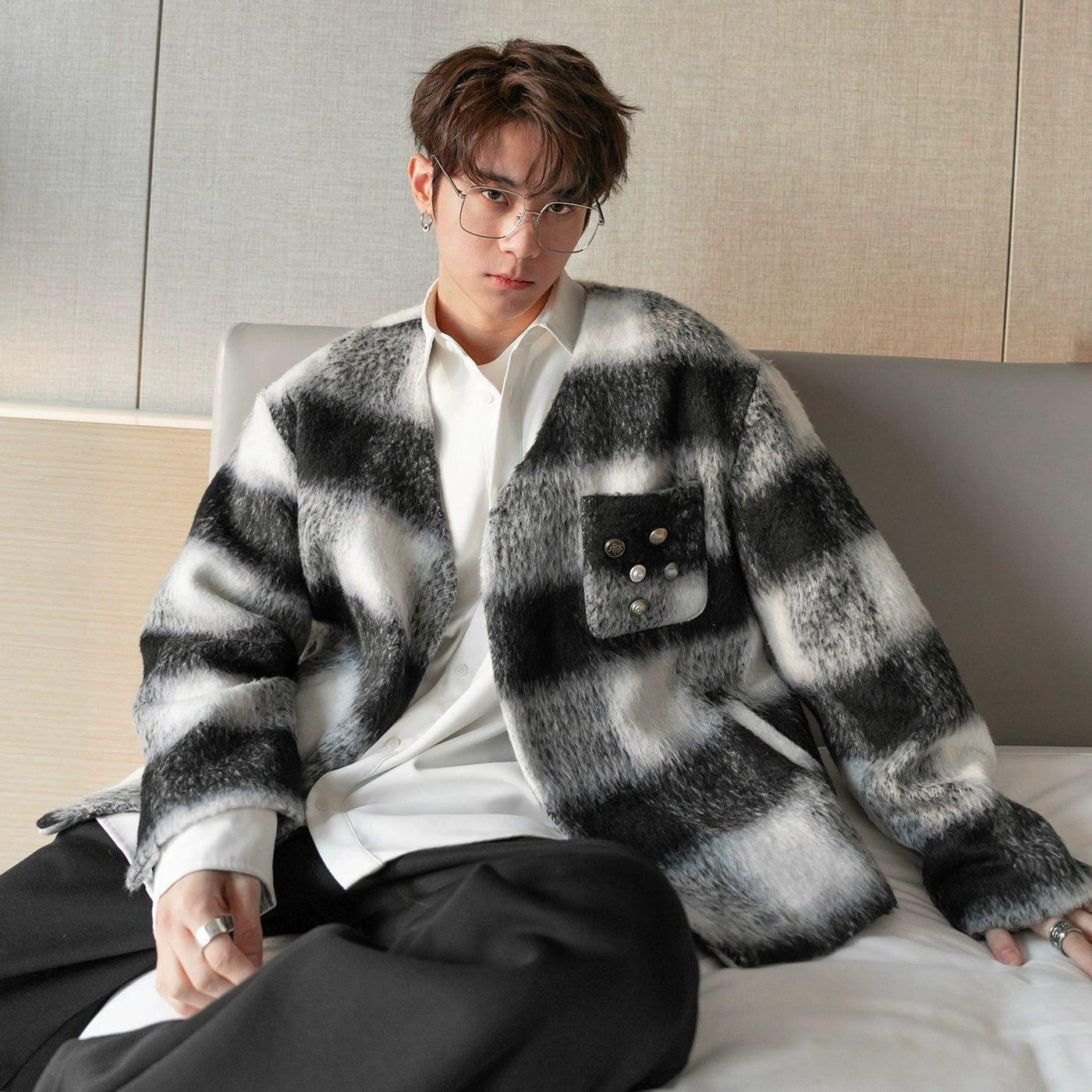 Chuan Wide Stripes Fuzzy Jacket-korean-fashion-Jacket-Chuan's Closet-OH Garments
