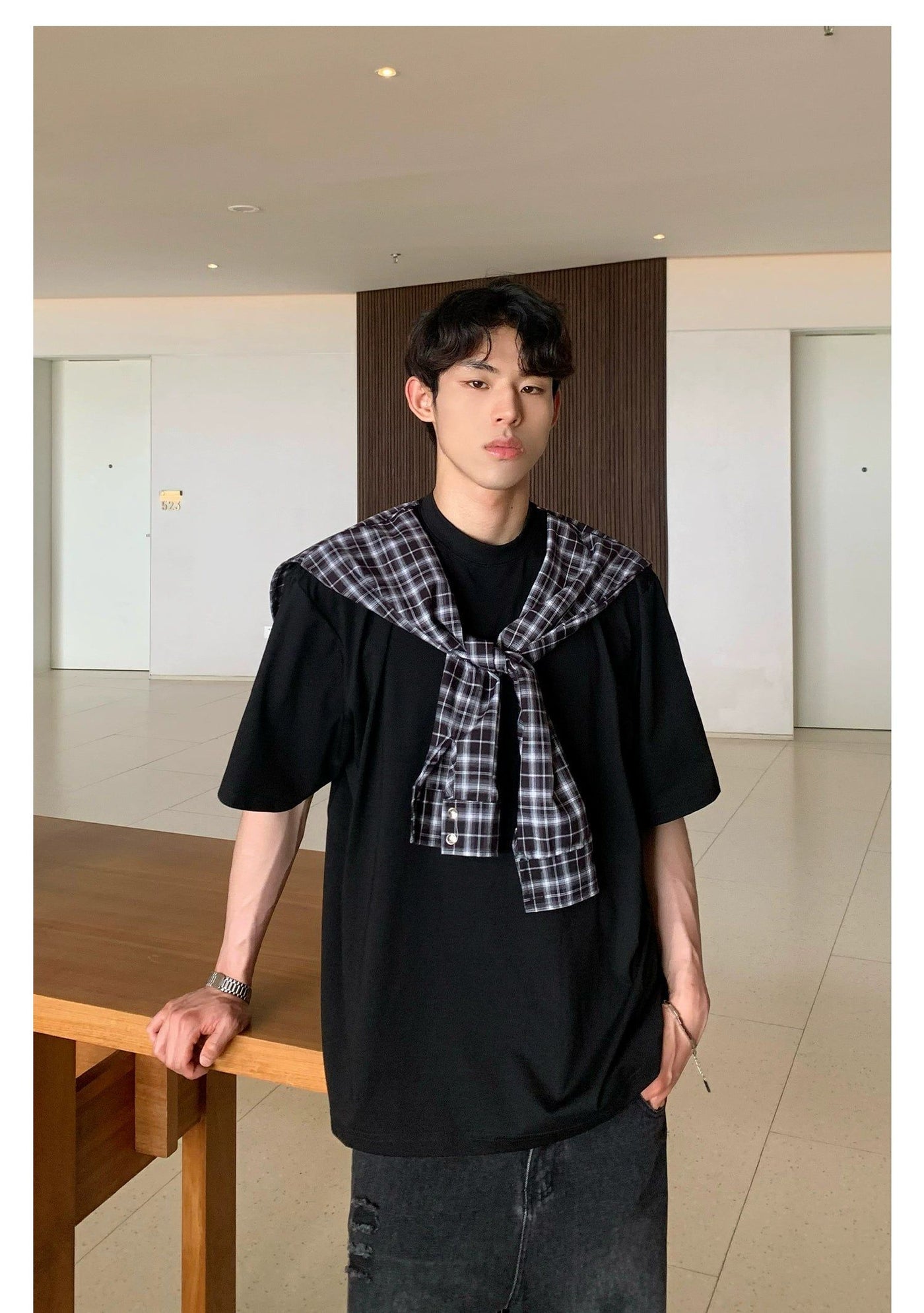 Cui Attached Plaid Cloth T-Shirt-korean-fashion-T-Shirt-Cui's Closet-OH Garments