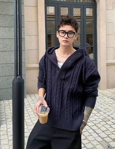 Cui Cable Knit Half-Buttoned Hoodie-korean-fashion-Hoodie-Cui's Closet-OH Garments