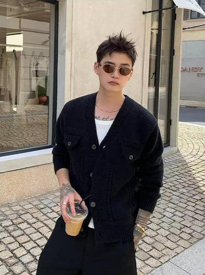 Cui Chic Pattern Knit V-Neck Cardigan-korean-fashion-Cardigan-Cui's Closet-OH Garments