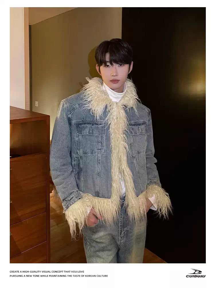 Cui Distressed Fur Trimmed Denim Jacket-korean-fashion-Jacket-Cui's Closet-OH Garments