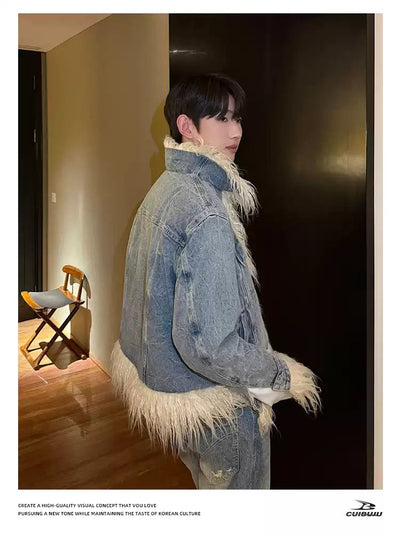 Cui Distressed Fur Trimmed Denim Jacket-korean-fashion-Jacket-Cui's Closet-OH Garments