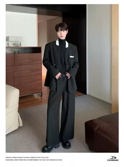 Cui Double-Breasted Contrast Blazer & Drape Trousers Set-korean-fashion-Clothing Set-Cui's Closet-OH Garments