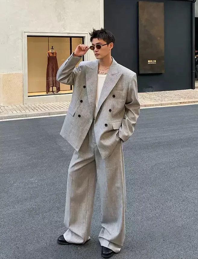 Cui Double-Breasted Peak Lapel Blazer & Wide Trousers Set-korean-fashion-Clothing Set-Cui's Closet-OH Garments