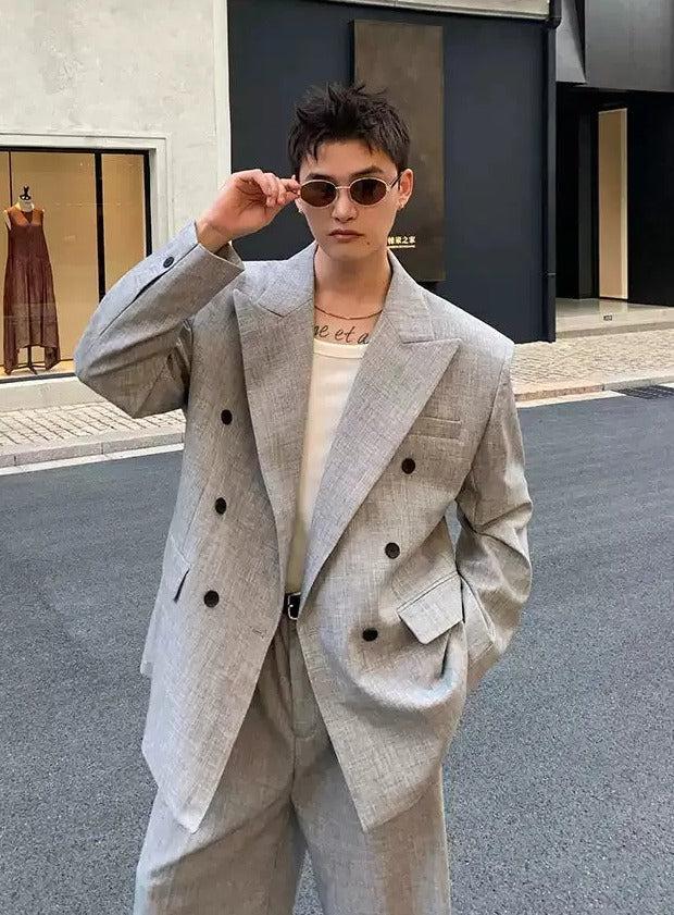 Cui Double-Breasted Peak Lapel Blazer & Wide Trousers Set-korean-fashion-Clothing Set-Cui's Closet-OH Garments