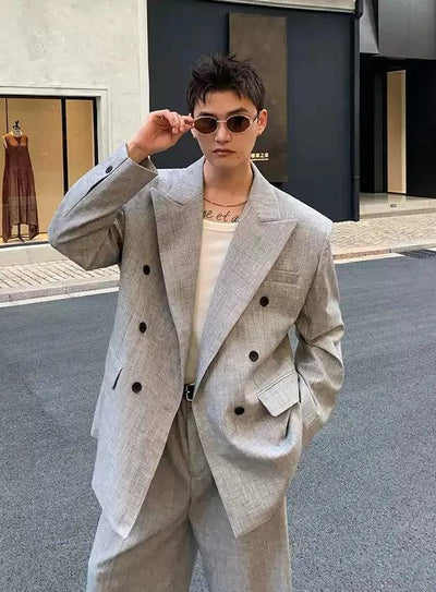 Cui Double-Breasted Peak Lapel Blazer & Wide Trousers Set-korean-fashion-Clothing Set-Cui's Closet-OH Garments