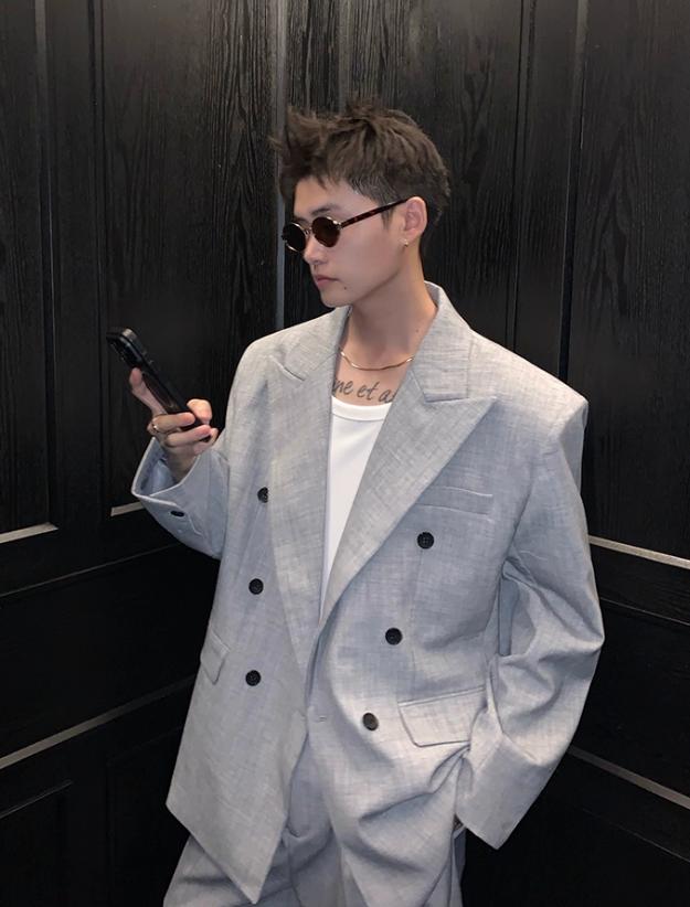 Cui Double-Breasted Peak Lapel Blazer & Wide Trousers Set-korean-fashion-Clothing Set-Cui's Closet-OH Garments