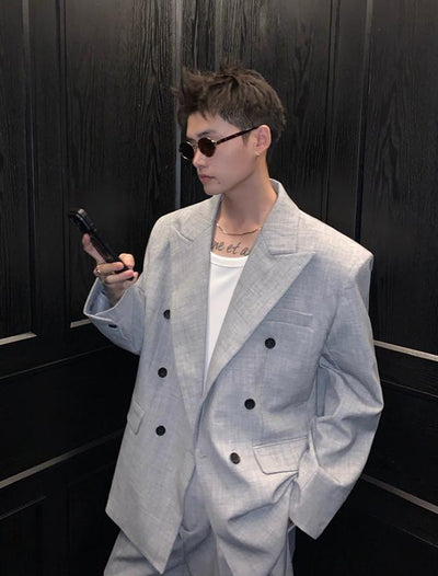 Cui Double-Breasted Peak Lapel Blazer & Wide Trousers Set-korean-fashion-Clothing Set-Cui's Closet-OH Garments